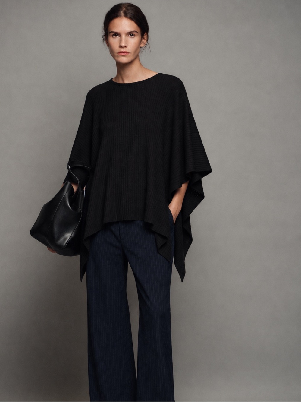 Zara Asymmetric Ribbed Knit Cape/Poncho Sweater in black